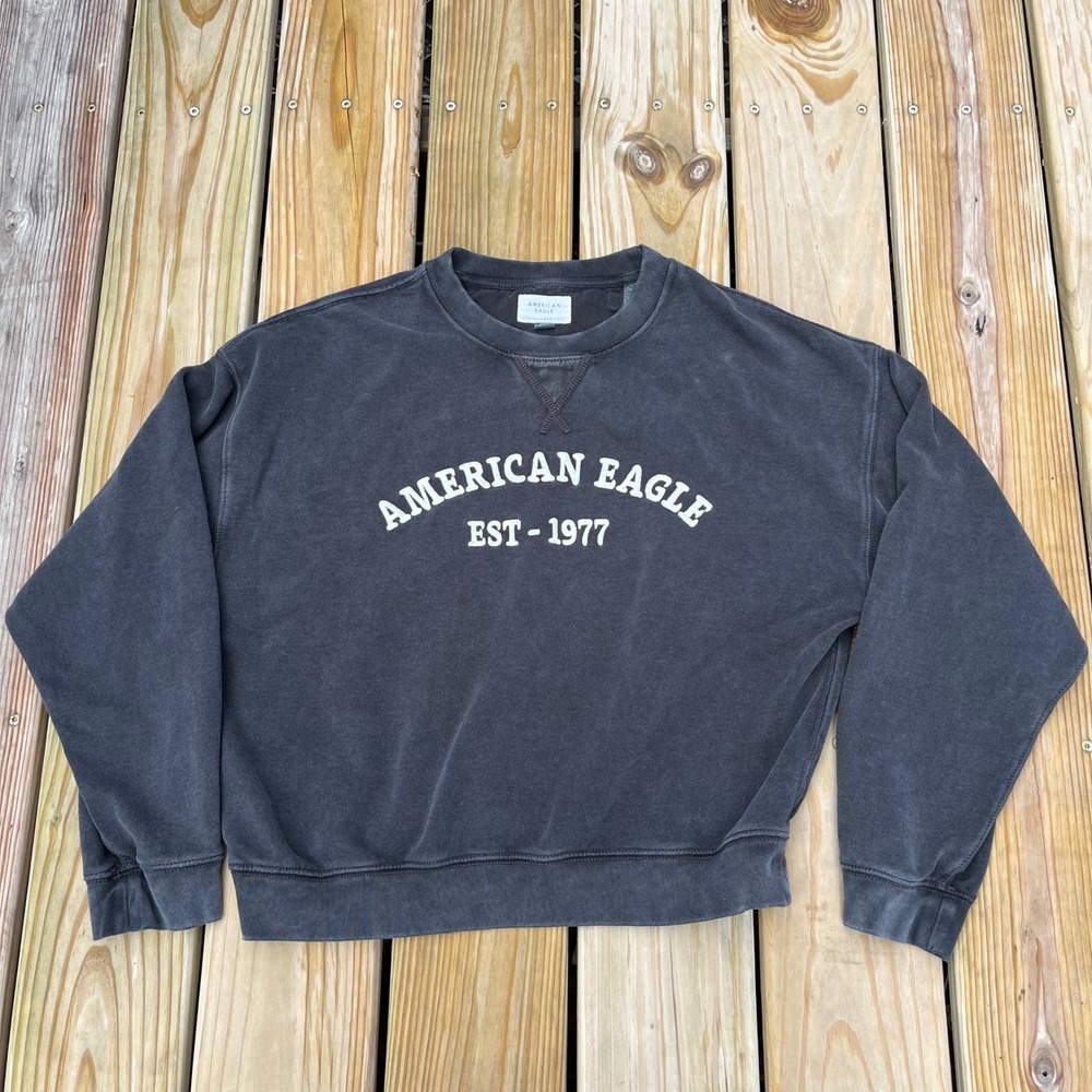 American Eagle Sweatshirt Cropped Crew Washed Black White Spellout Small